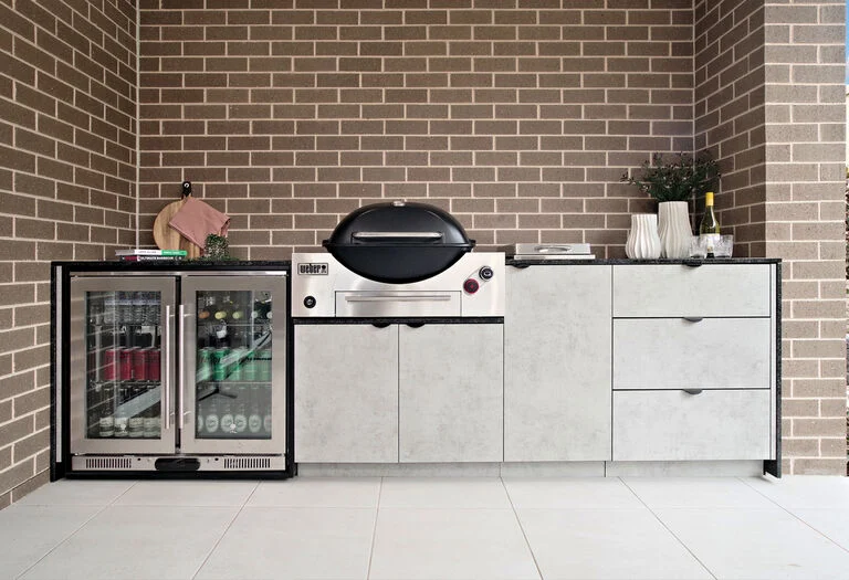 Weber Built-in Q+ Black, Manhattan Concrete Laminex (optional colour), Midnight Black Granite