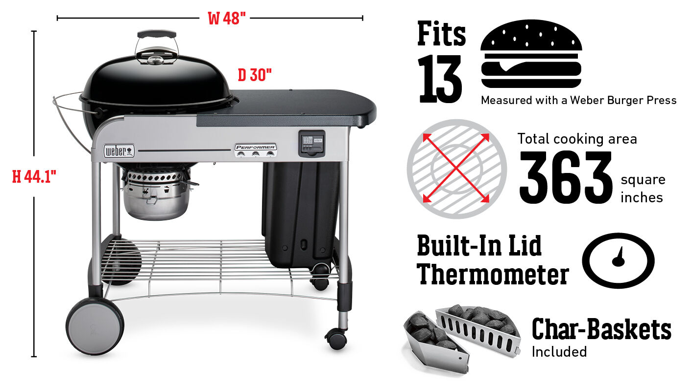 Fits 13 Burgers Measured with a Weber Burger Press, Total cooking area 2,342 square cm, Built-In Lid Thermometer, Char-Baskets included