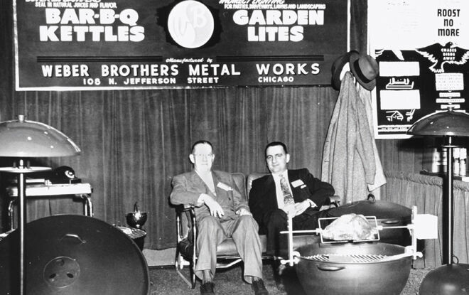 George Stephen Weber displaying his Weber Kettle Grills in 1952 - Charcoal & Gas Grills Made In USA George Stephen Weber displaying his Weber Kettle Grills in 1952 - Charcoal & Gas Grills Made In USA