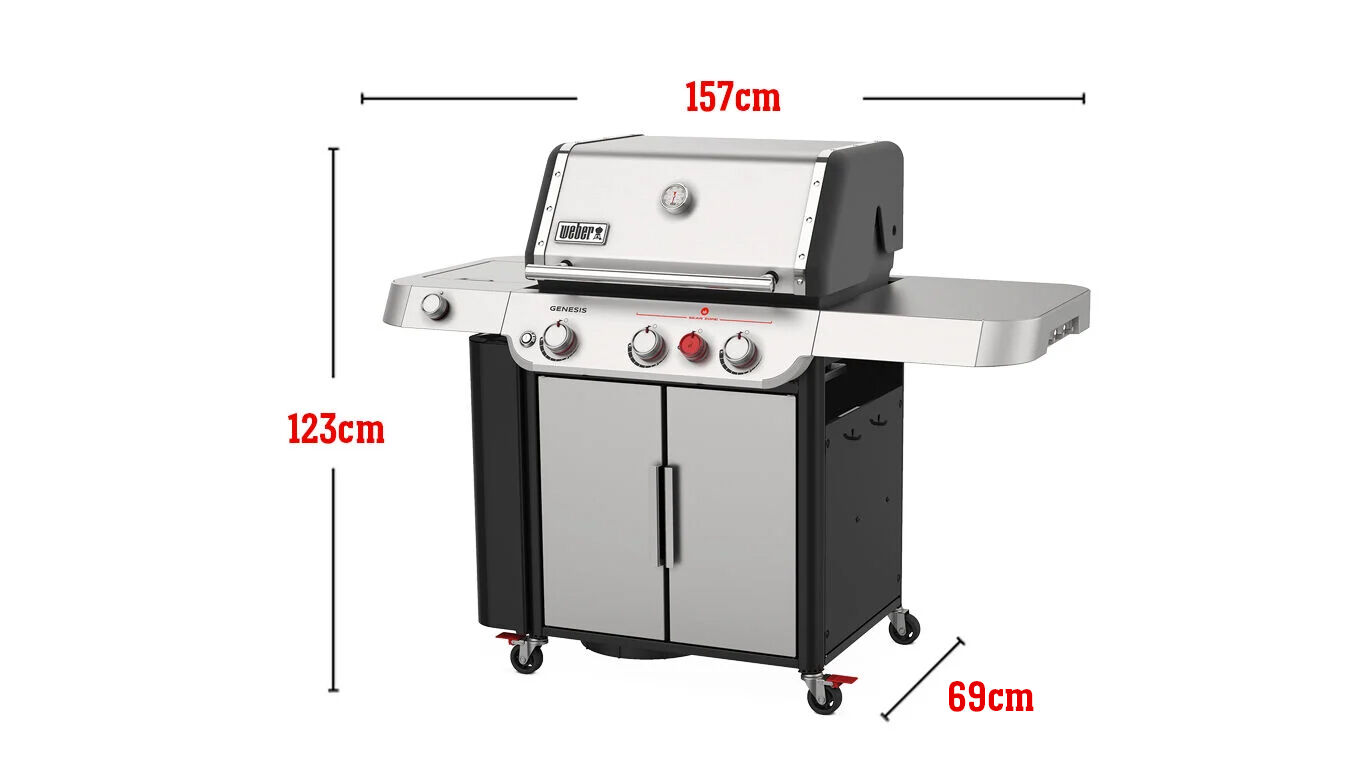 Può contenere 20 hamburger realizzati con una pressa per hamburger Weber, area di cottura totale 4316 cm quadrati, input bruciatori 39.000 Btu/ora, Sear Zone, bruciatore laterale