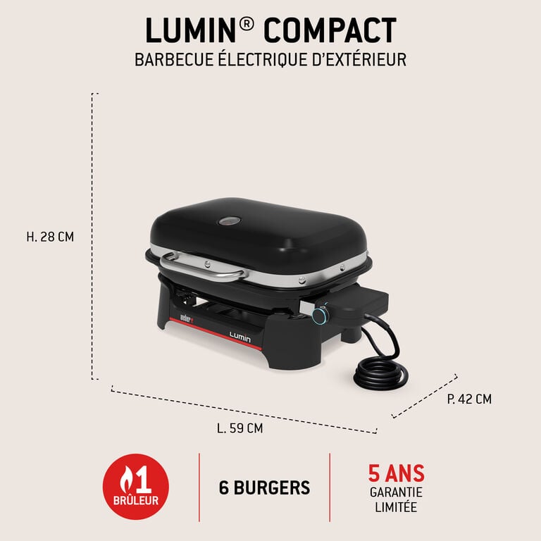 Barbecue &eacute;lectrique Weber Lumin Compact avec sch&eacute;ma explicatif des dimensions : hauteur, largeur et profondeur