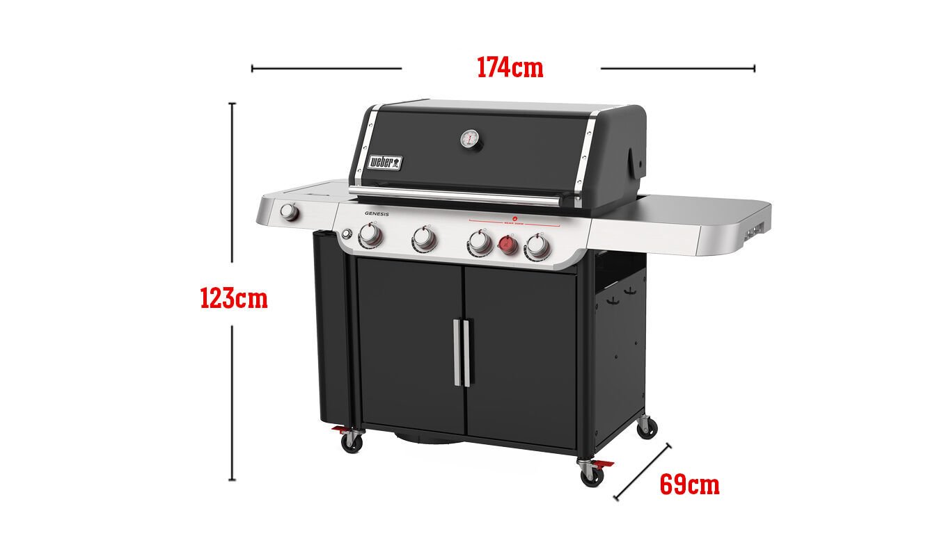 Può contenere 20 hamburger realizzati con una pressa per hamburger Weber, area di cottura totale 4316 cm quadrati, input bruciatori 39.000 Btu/ora, Sear Zone, bruciatore laterale