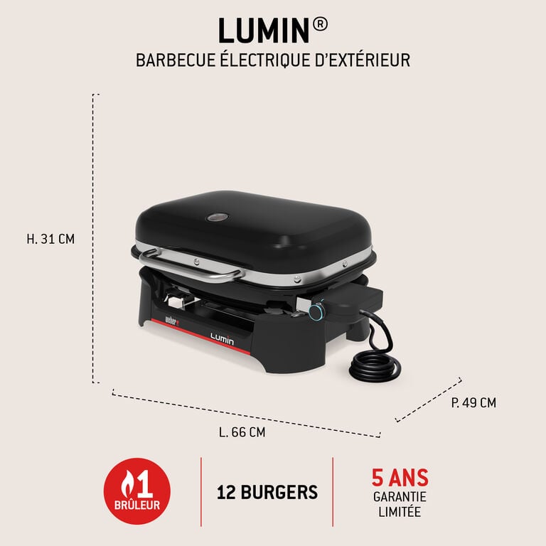 Barbecue &eacute;lectrique Weber Lumin avec sch&eacute;ma explicatif des dimensions : hauteur, largeur et profondeur