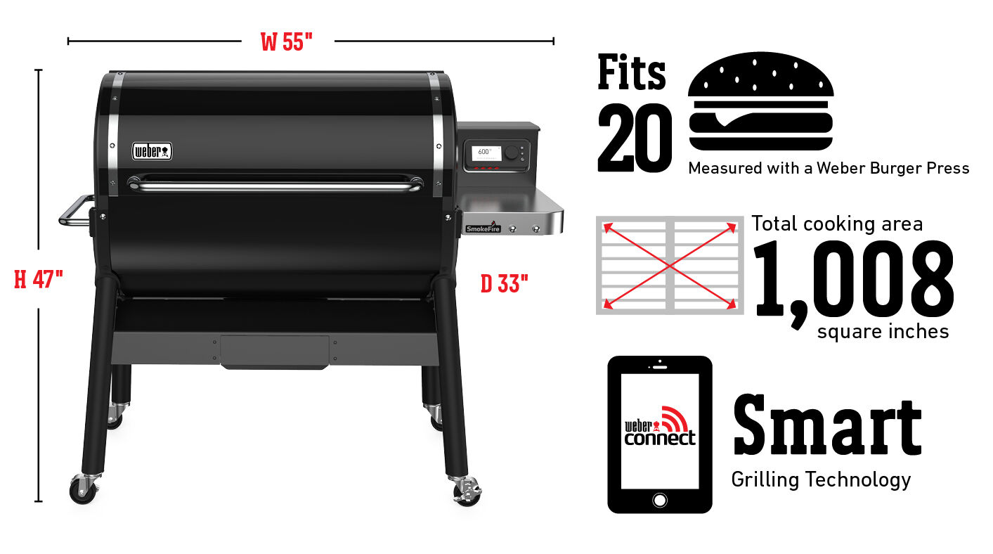 Fits 20 Burgers Measured with a Weber Burger Press, Total cooking area 1,008 square inches, Weber Connect Smart Grilling Technology