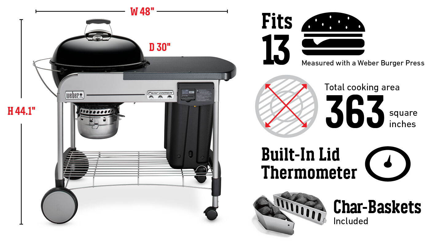 Fits 13 Burgers Measured with a Weber Burger Press, Total cooking area 363 square inches, Built-In Lid Thermometer, Char-Baskets included