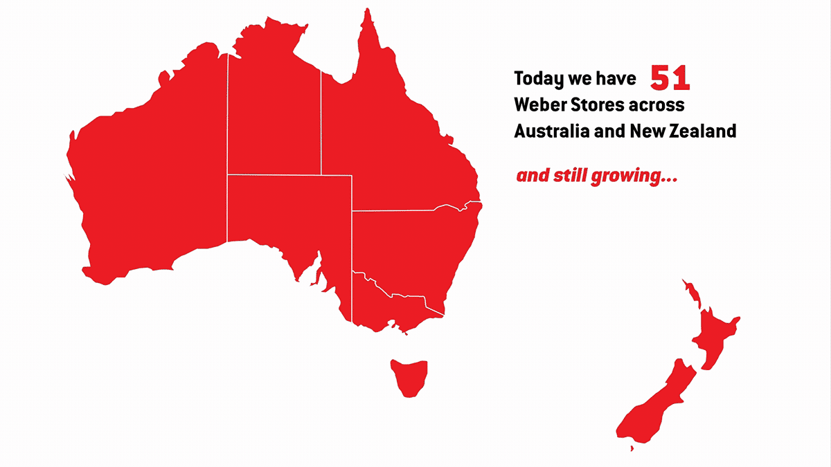 Map of Australia and New Zealand showing 51 Weber Store locations, and still growing