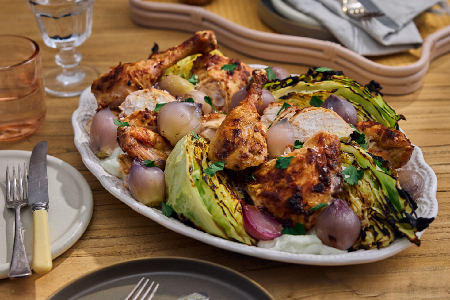 Taramasalata basted chicken with charred cabbage, shallots and toum