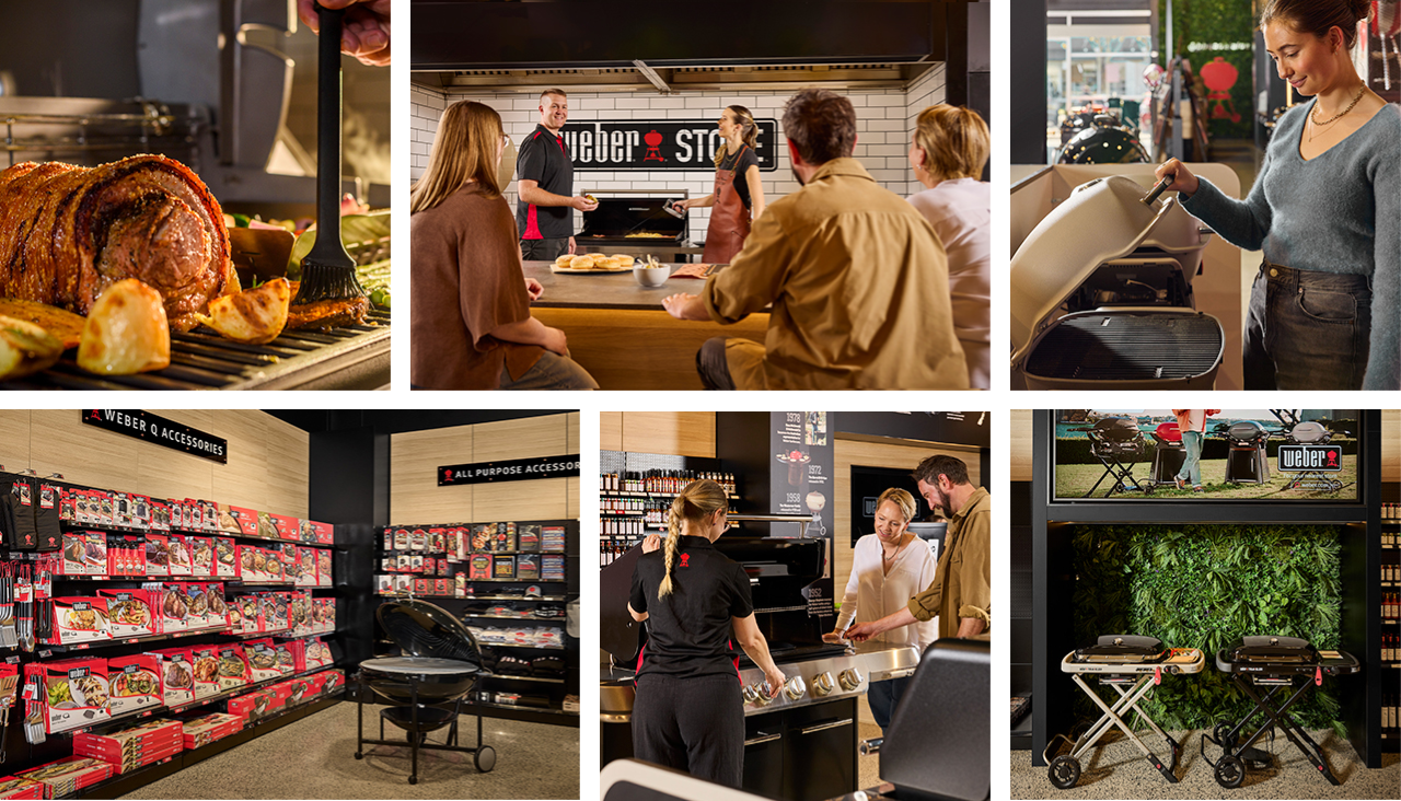 A collage of Weber Store experiences, products and barbecue cooking