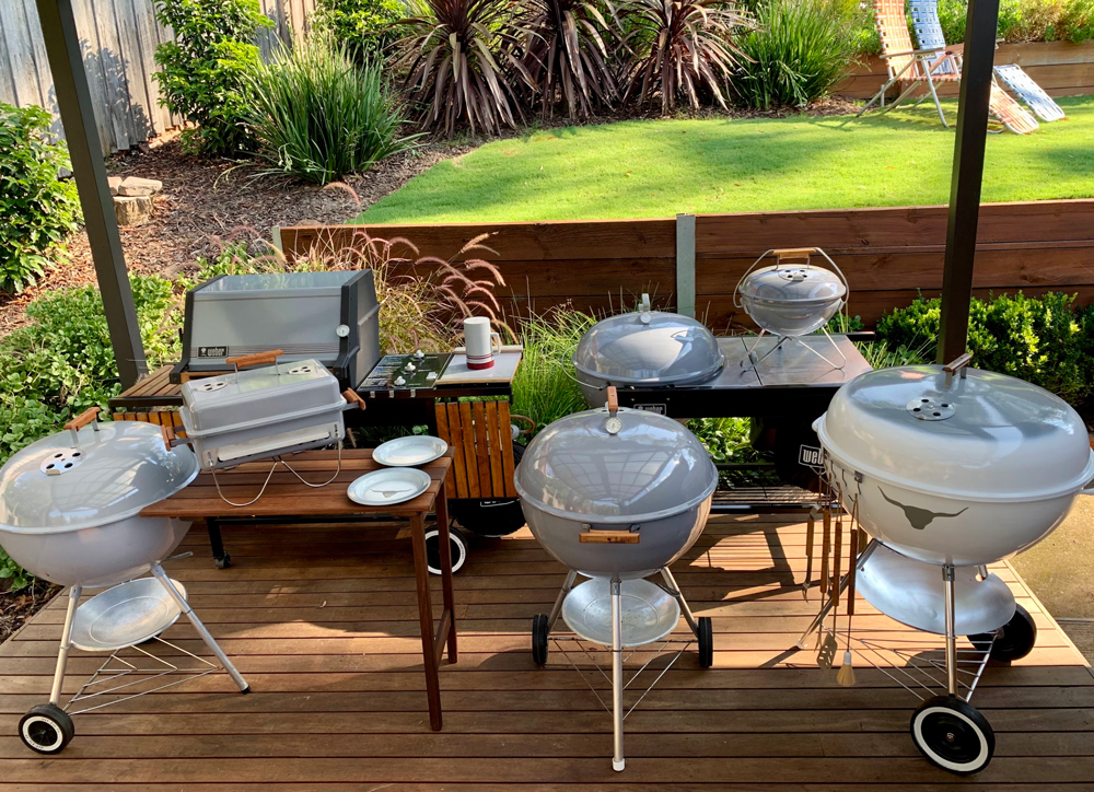 Joel Black's collection of vintage Weber kettle grills, including the 1963 Plainsman