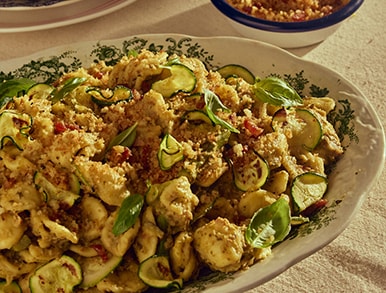 Grilled Zucchini and Asparagus Pesto Pasta with Guanciale Pangrattato