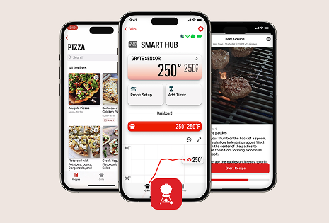 Tre mobiltelefonskjermer som viser Weber Connect-appen i bruk
