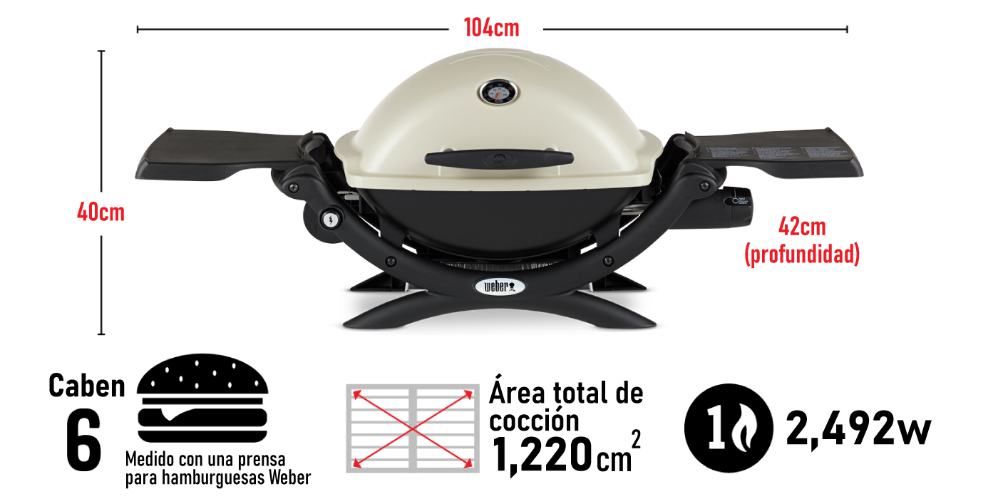 Con capacidad para 6 hamburguesas según la medida de la prensa para hamburguesas Weber; superficie de cocción total de 1219 cm²; quemadores de 8,500 BTU/h