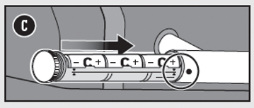 Illustration of how to insert C batteries in handle.