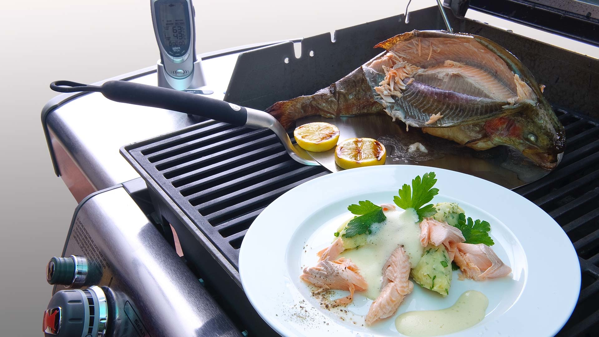  Aus dem Exclusive-Grillkurs - Heimische Lachsforelle am Stück gegrillt, mit cremig-luftiger Chardonnay-Sabayone und Petersilien-Kartoffel-Stampf 