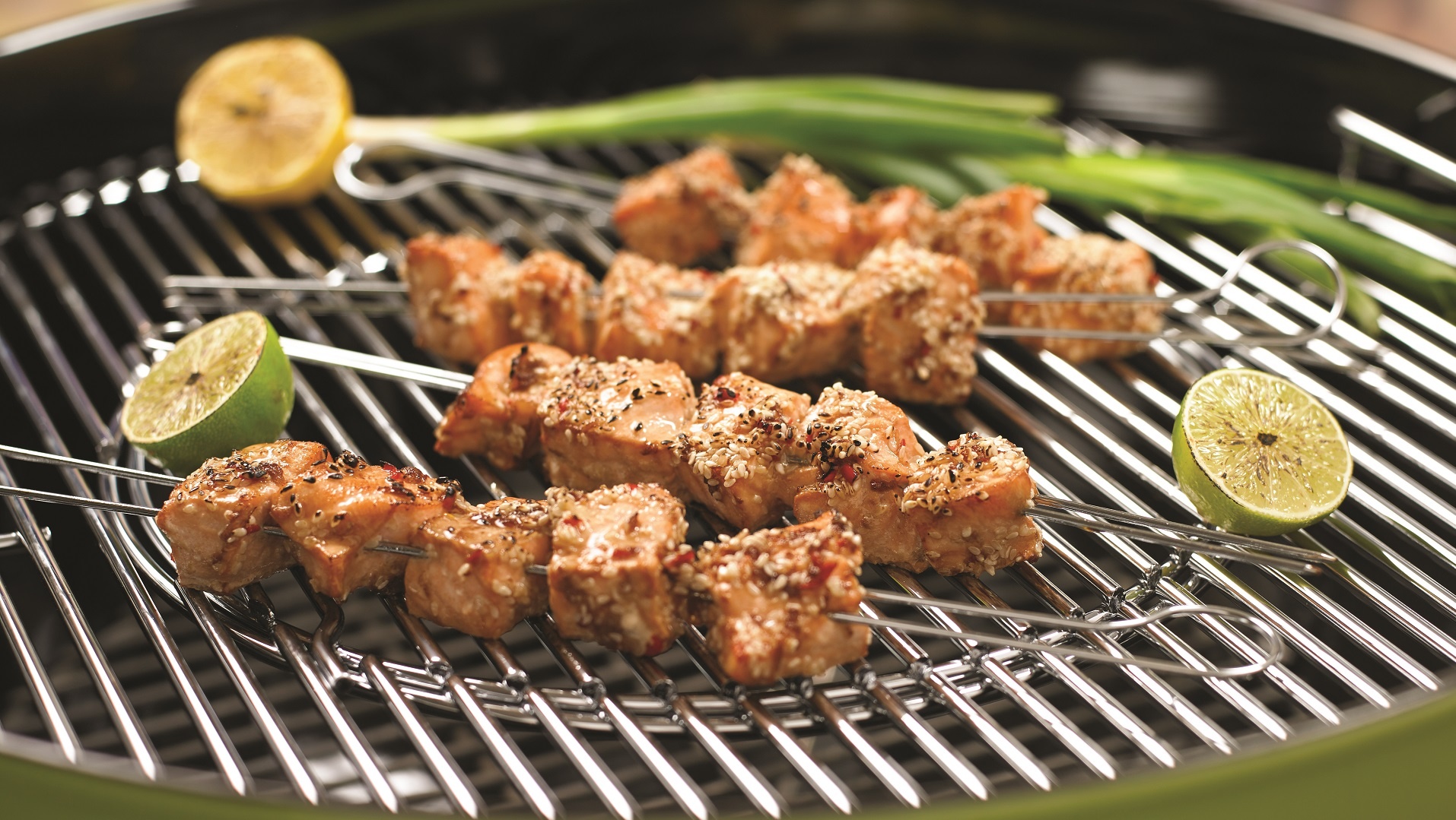  Seared sesame salmon skewers with picked cucumber spinach dip.


