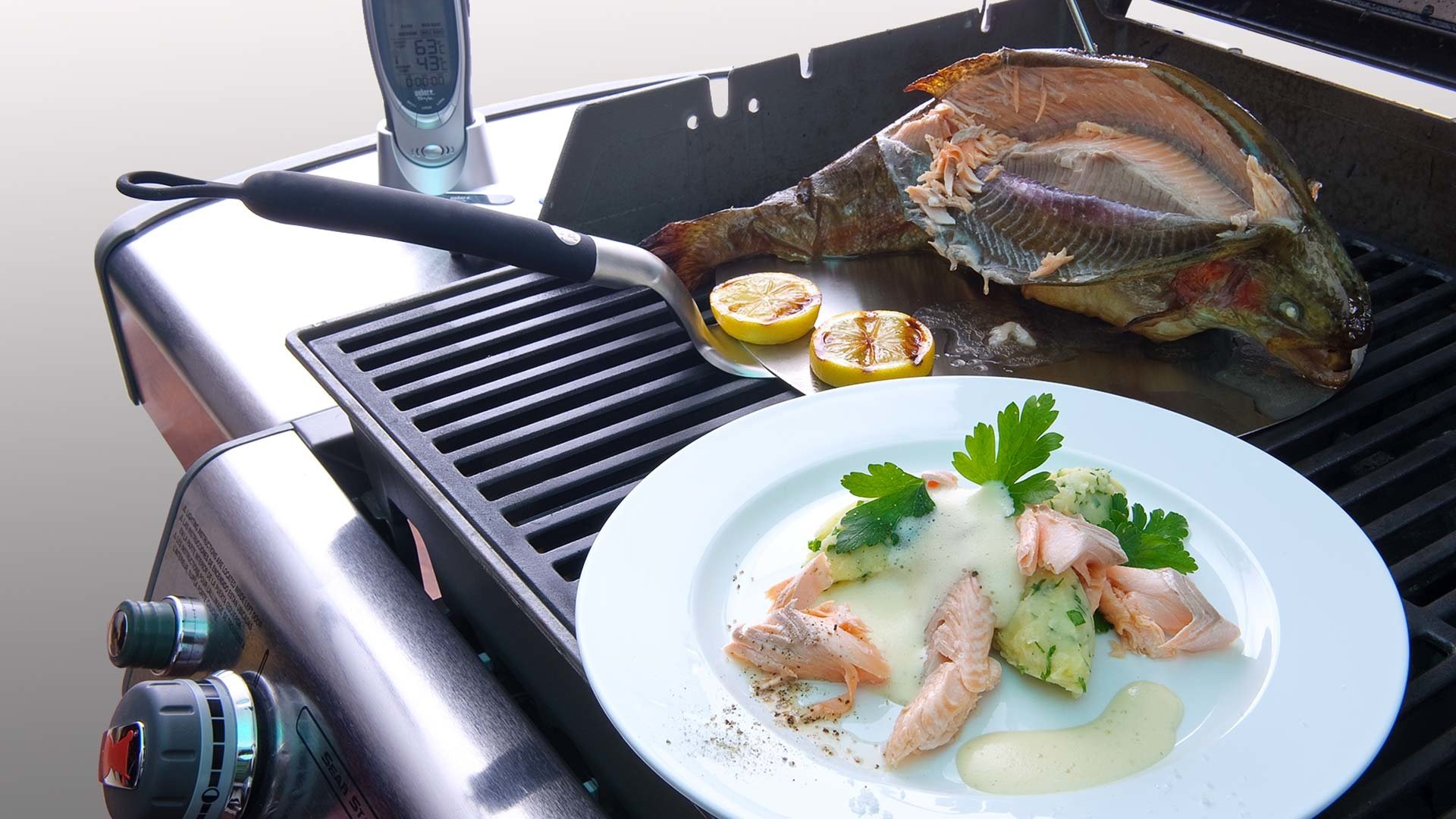  Heimische Lachsforelle, am St&uuml;ck gegrillt, mit cremig-luftiger Chardonnay-Sabayone und Petersilien-Kartoffel-Stampf


