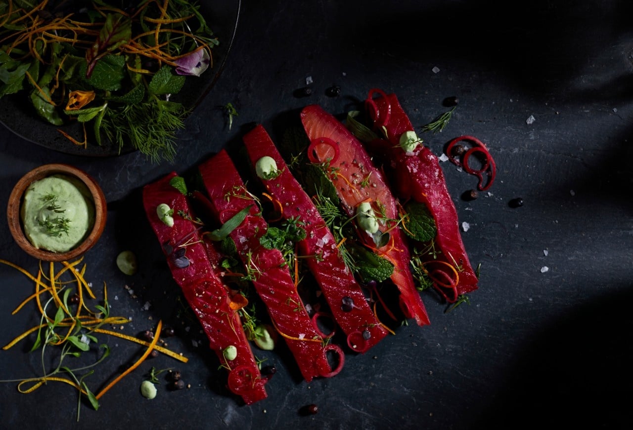  Gin and beetroot cured smoked salmon

