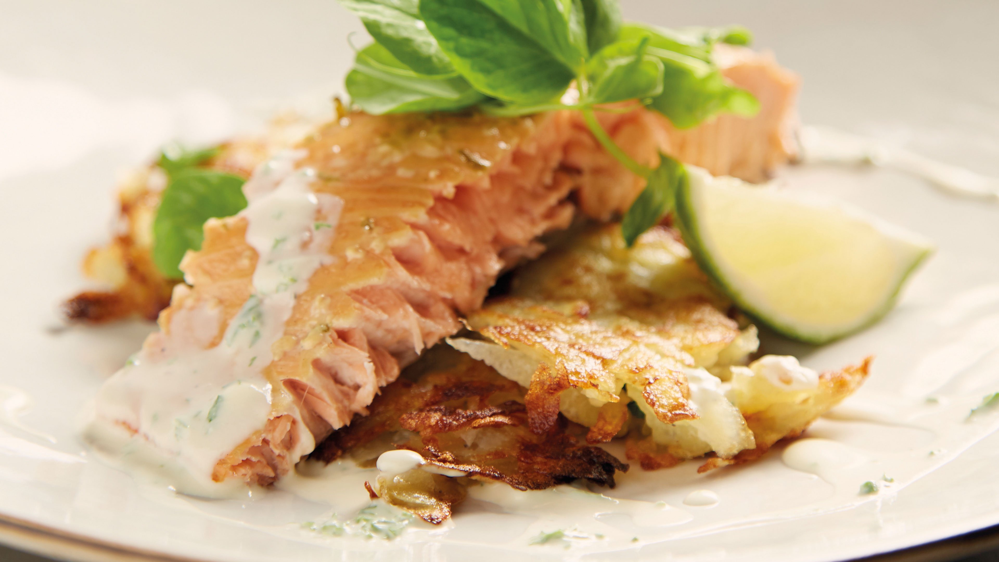 Hot smoked salmon with potato rosti and herbed cream fraiche