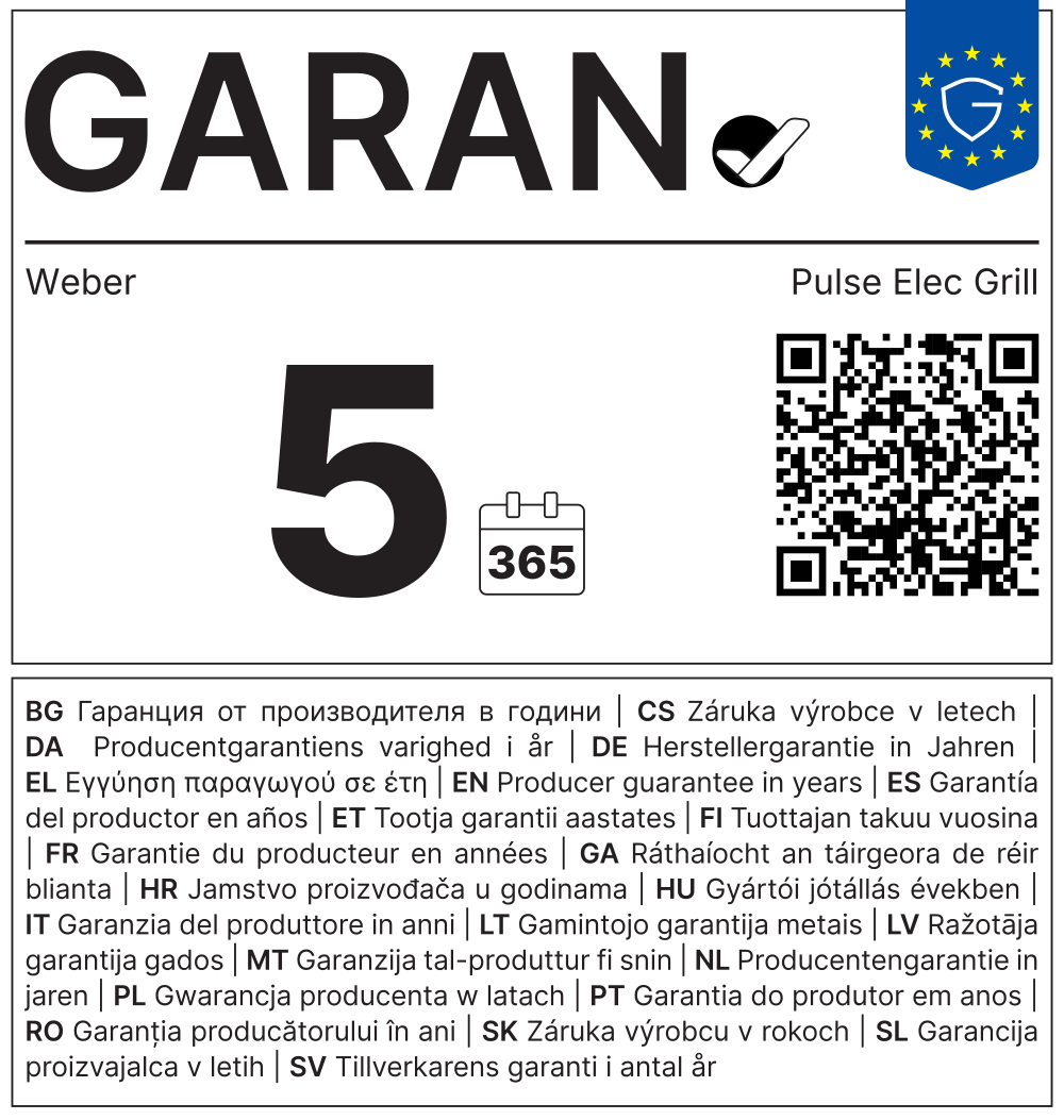 Étiquette de garantie du barbecue Weber Pulse Elec : un grand chiffre « 5 » accompagné d'un symbole de calendrier indiquant une garantie constructeur de 5 ans, un code QR et un texte explicatif précisant « Garantie constructeur en années » dans différentes langues européennes.
